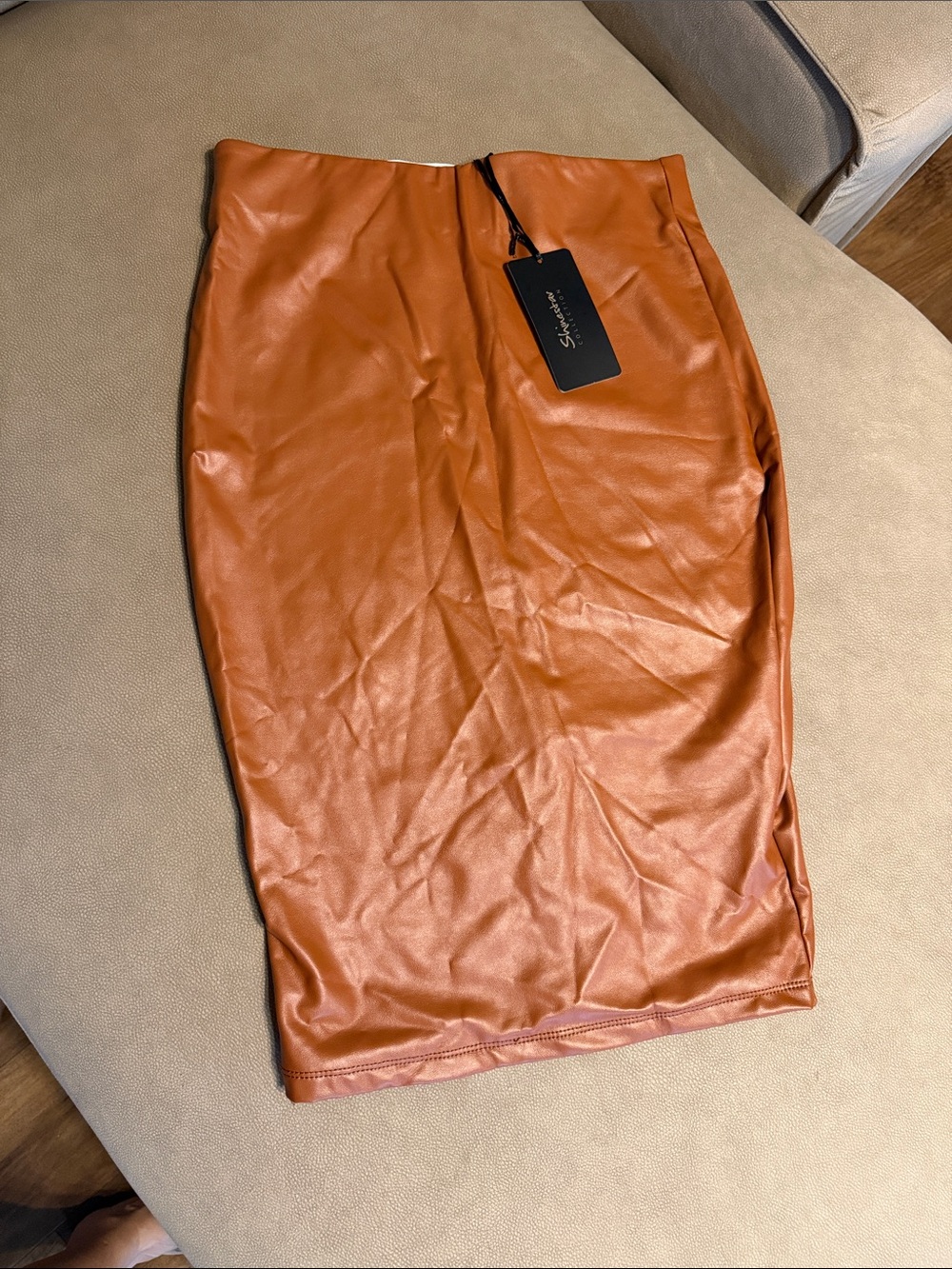 Shinestar Faux Leather Pencil Skirt in Cognac Brown